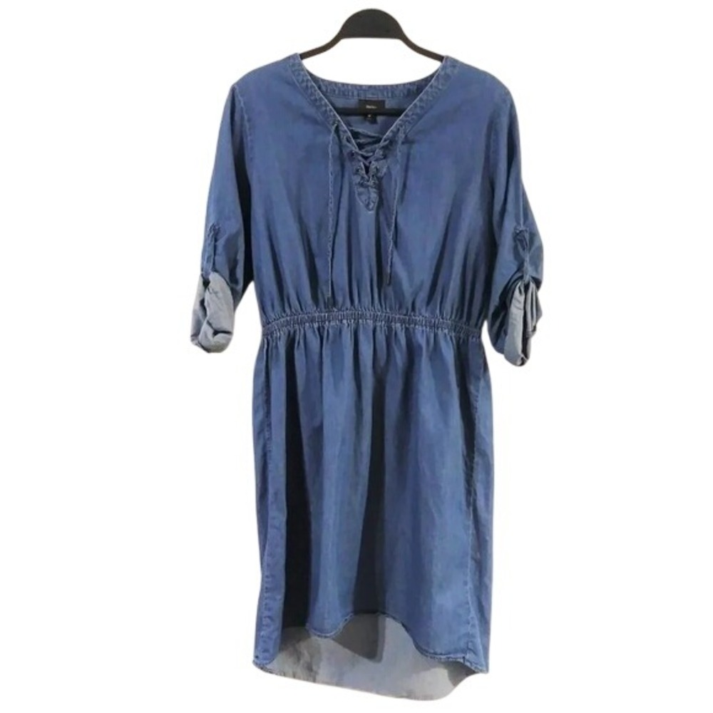 Mossimo Blue Chambray Lace Up V-Neck Roll Tab Sleeve Dress Medium - Picture 2 of 5